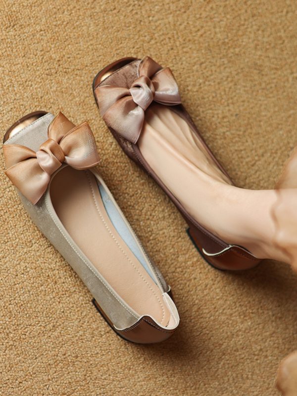 Genuine Leather Bow Low-Heeled Shallow Mouth Flats for Women - Summer Soft Sole Egg Roll Shoes Size 31-43, Trendy Comfort Footwear