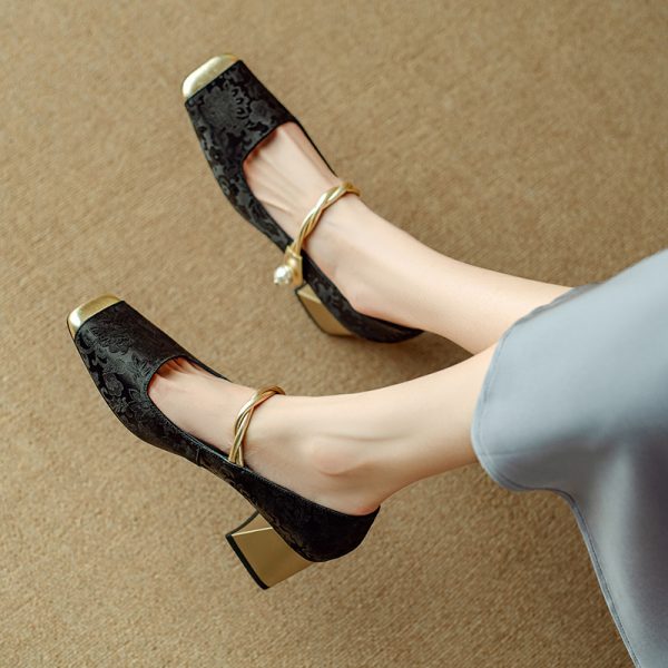 Genuine Leather Chinese-Style Square-Toe Mary Jane Shoes with Chunky High Heels - Elegant 90s Inspired Footwear