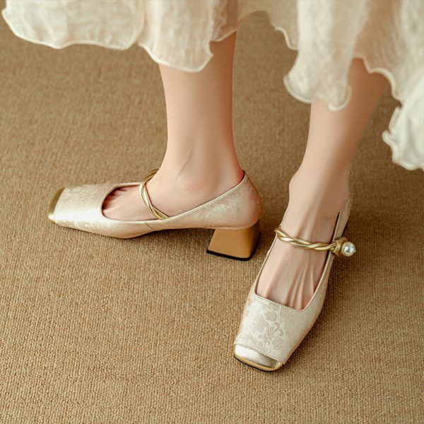 Genuine Leather Chinese-Style Square-Toe Mary Jane Shoes with Chunky High Heels - Elegant 90s Inspired Footwear