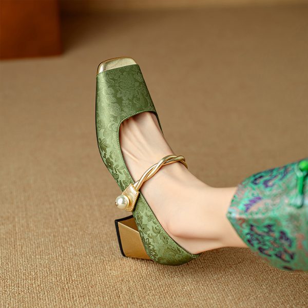 Genuine Leather Chinese-Style Square-Toe Mary Jane Shoes with Chunky High Heels - Elegant 90s Inspired Footwear