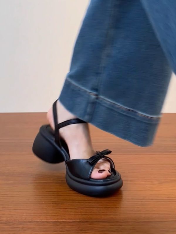 Genuine Leather Chunky Heel Open-Toe Sandals for Women, Thick Sole Roman Style Summer 2025, Sizes 41-43, Trendy Footwear