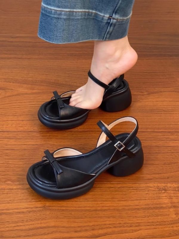 Genuine Leather Chunky Heel Open-Toe Sandals for Women, Thick Sole Roman Style Summer 2025, Sizes 41-43, Trendy Footwear