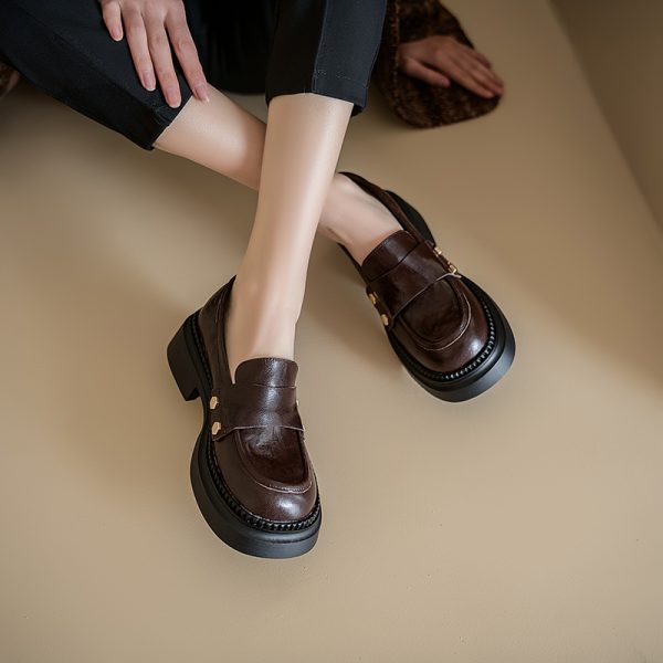 Genuine Leather Chunky High-Heeled Loafers for Women - Retro Thick-Soled JK Big Head Shoes - Paris Street Style Flats