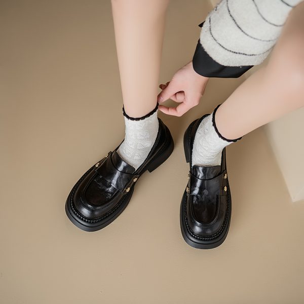 Genuine Leather Chunky High-Heeled Loafers for Women - Retro Thick-Soled JK Big Head Shoes - Paris Street Style Flats