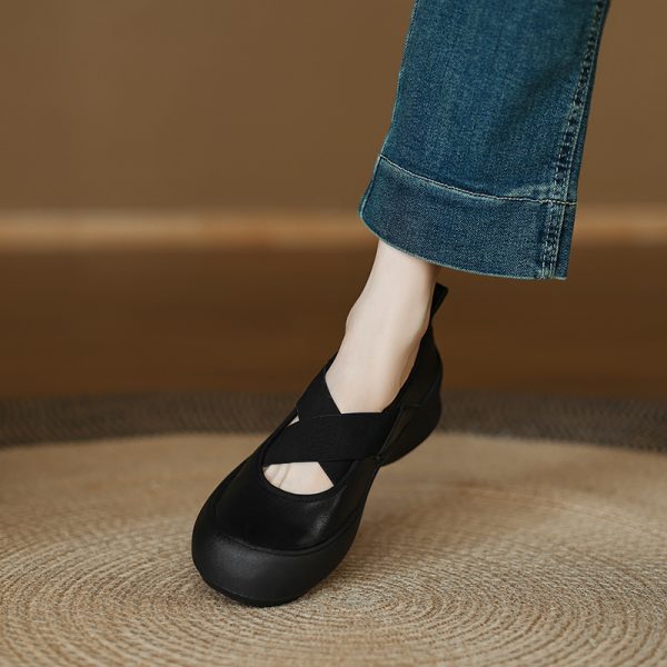 Genuine Leather Cross-Strap Ballet Flats for Women - Thick-Soled Versatile Slip-On Shoes for Everyday Style