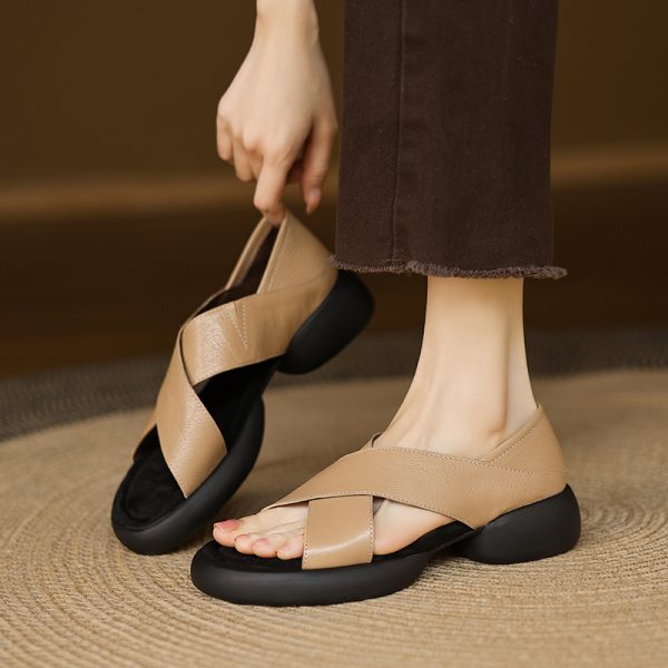 Genuine Leather Cross-Strap Open-Toe Sandals for Women - Summer 2025 Thick-Soled Footwear, Versatile Two-Wear Design