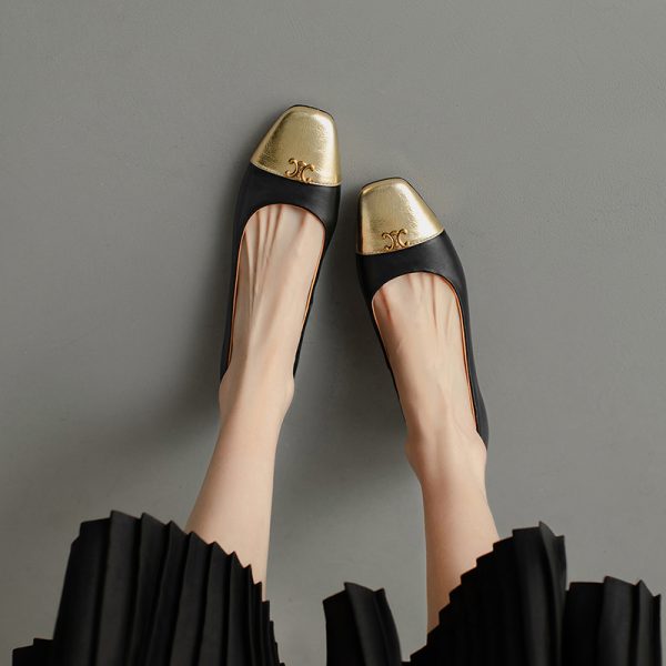 Genuine Leather French Literary Style Flat Shoes for Women - Elegant Gold Buckle, Square Toe, Low Chunky Heel, Chic Comfort