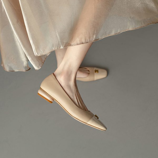 Genuine Leather French Literary Style Flat Shoes for Women - Elegant Gold Buckle, Square Toe, Low Chunky Heel, Chic Comfort