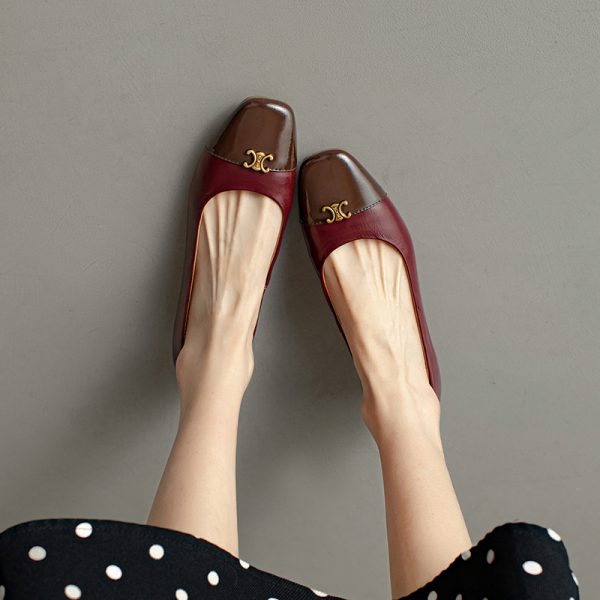 Genuine Leather French Literary Style Flat Shoes for Women - Elegant Gold Buckle, Square Toe, Low Chunky Heel, Chic Comfort