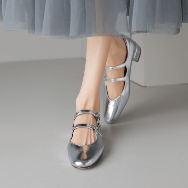 Genuine Leather French Round-Toe Mid-Heel Mary Jane Shoes for Women - Artistic Double Buckle Design for Spring & Summer Fashion