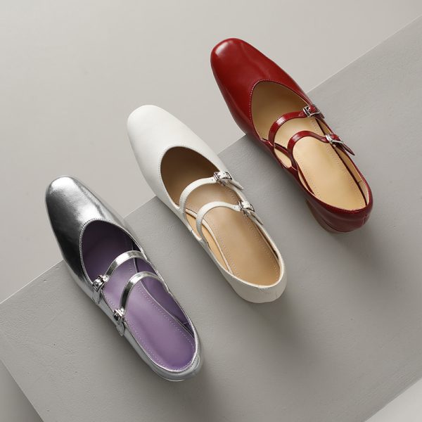 Genuine Leather French Round-Toe Mid-Heel Mary Jane Shoes for Women - Artistic Double Buckle Design for Spring & Summer Fashion