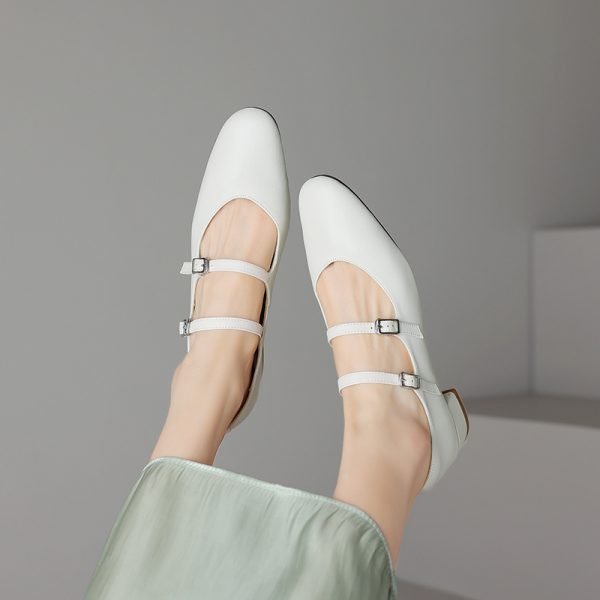 Genuine Leather French Round-Toe Mid-Heel Mary Jane Shoes for Women - Artistic Double Buckle Design for Spring & Summer Fashion