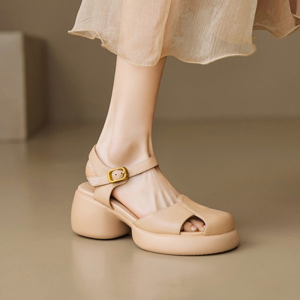 Genuine Leather Hollow Out Open-Toe Sandals for Women - Summer 2025 Height-Increasing Thick Sole One-Strap Design