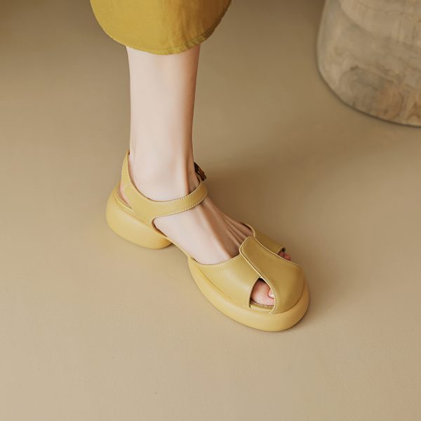 Genuine Leather Hollow Out Open-Toe Sandals for Women - Summer 2025 Height-Increasing Thick Sole One-Strap Design