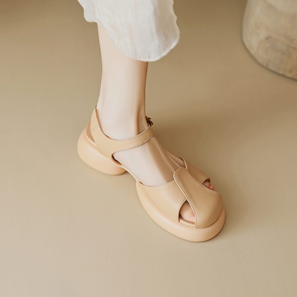 Genuine Leather Hollow Out Open-Toe Sandals for Women - Summer 2025 Height-Increasing Thick Sole One-Strap Design
