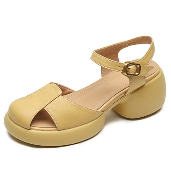 Genuine Leather Hollow Out Open-Toe Sandals for Women - Summer 2025 Height-Increasing Thick Sole One-Strap Design