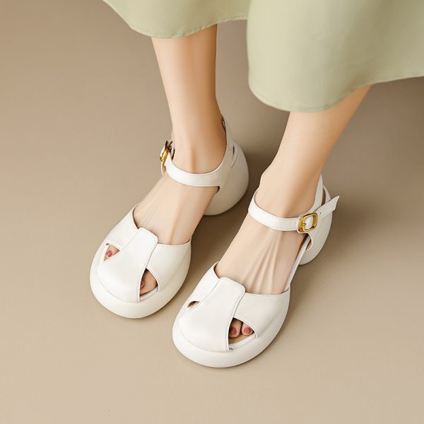 Genuine Leather Hollow Out Open-Toe Sandals for Women - Summer 2025 Height-Increasing Thick Sole One-Strap Design