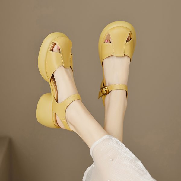 Genuine Leather Hollow Out Open-Toe Sandals for Women - Summer 2025 Height-Increasing Thick Sole One-Strap Design