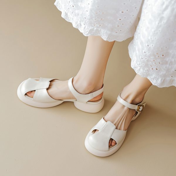 Genuine Leather Hollow Out Open-Toe Sandals for Women - Summer 2025 Height-Increasing Thick Sole One-Strap Design
