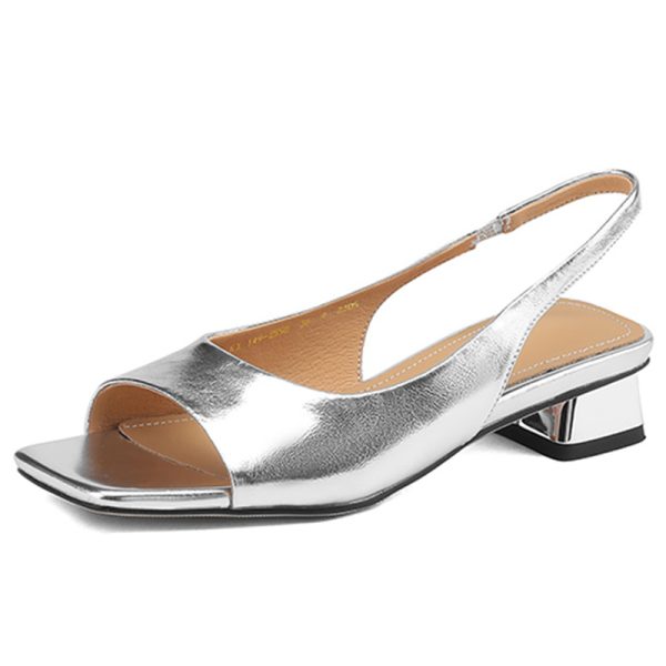 Genuine Leather Mid-Chunky Heel Square-Toe Open-Toe Sandals for Women - Summer 2025 Backless One-Strap Design