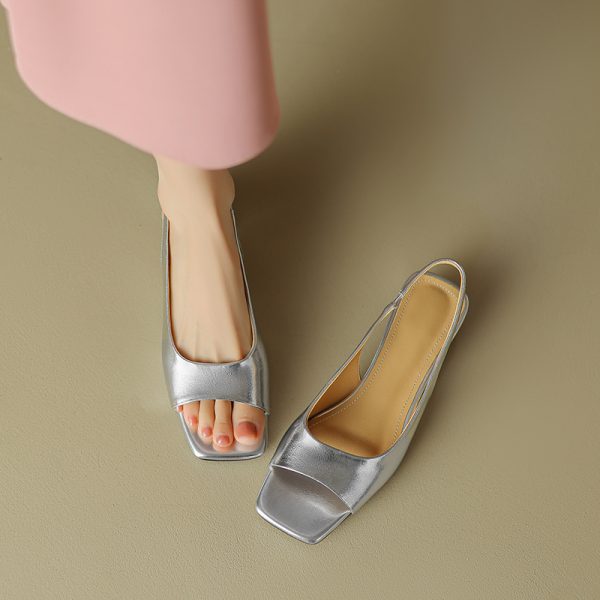 Genuine Leather Mid-Chunky Heel Square-Toe Open-Toe Sandals for Women - Summer 2025 Backless One-Strap Design