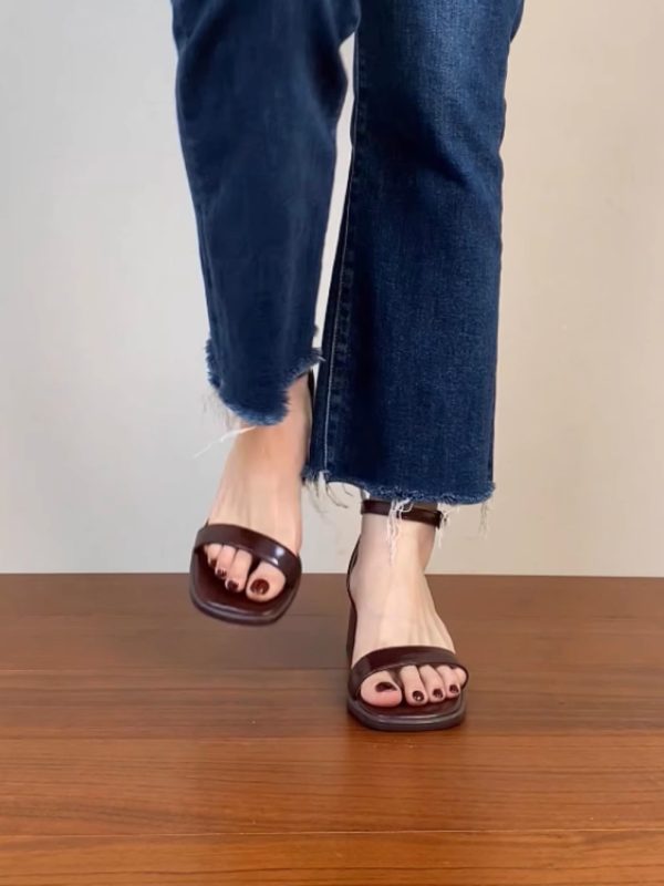 Genuine Leather One-Strap Thick-Heeled Open-Toe Sandals for Women - Summer Brown Square-Toe Mid-Heel Shoes Size 41