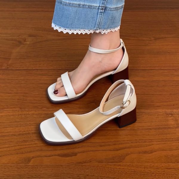 Genuine Leather One-Strap Thick-Heeled Open-Toe Sandals for Women - Summer Brown Square-Toe Mid-Heel Shoes Size 41