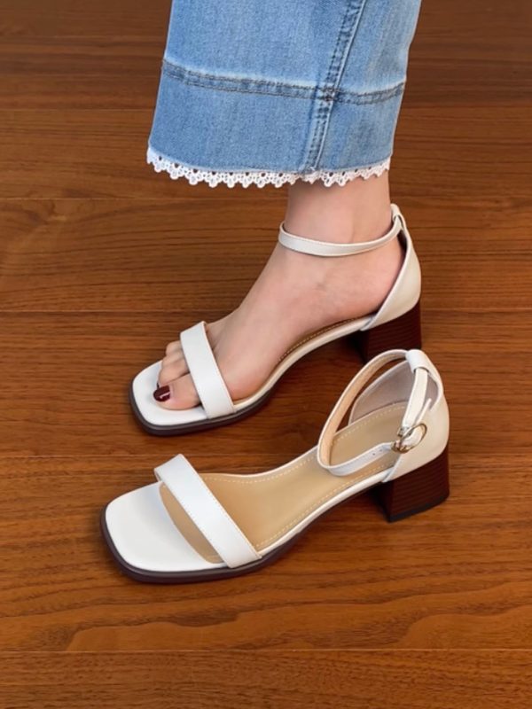 Genuine Leather One-Strap Thick-Heeled Open-Toe Sandals for Women - Summer Brown Square-Toe Mid-Heel Shoes Size 41