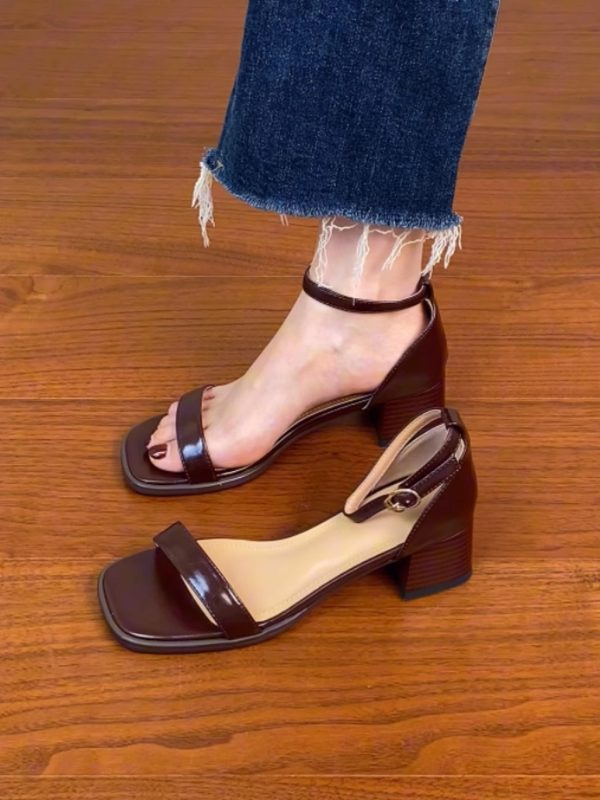 Genuine Leather One-Strap Thick-Heeled Open-Toe Sandals for Women - Summer Brown Square-Toe Mid-Heel Shoes Size 41