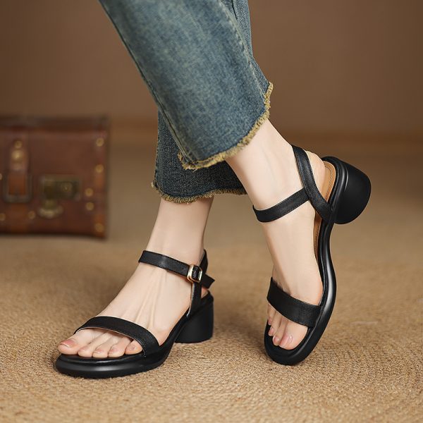 Genuine Leather Open-Toe Mid-Heel Sandals for Women - Simple Versatile Strappy Design, 2025 Fashion Must-Have
