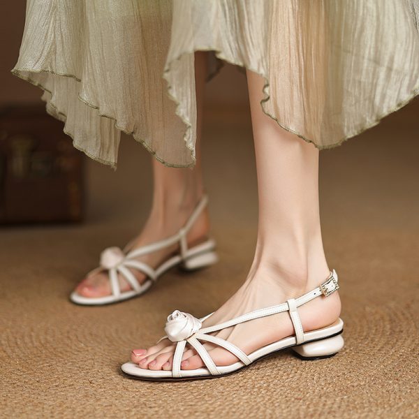 Genuine Leather Round Toe Camellia Open-Toe Sandals for Women - Summer 2025 Low Heel One-Strap Design, Perfect for Casual Outings