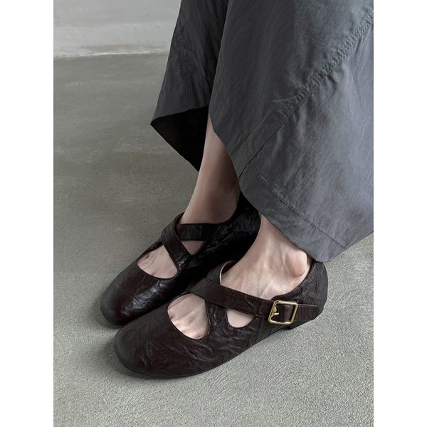 Genuine Leather Round Toe Cross Strap Ballet Flats for Women - Comfortable Spring Slip-On Shoes