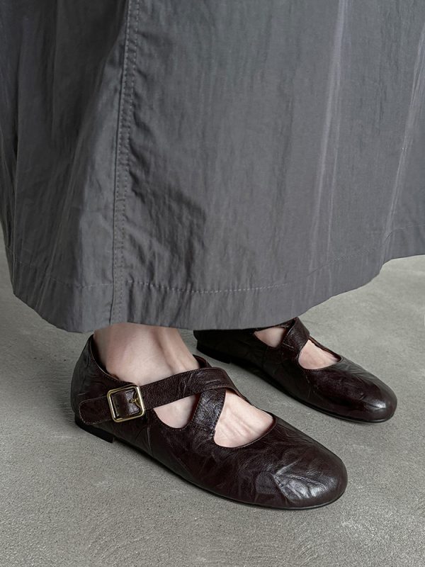 Genuine Leather Round Toe Cross Strap Ballet Flats for Women - Comfortable Spring Slip-On Shoes