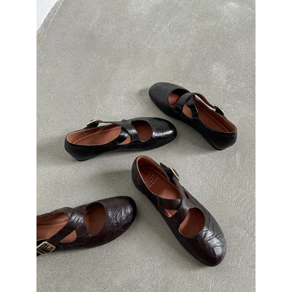 Genuine Leather Round Toe Cross Strap Ballet Flats for Women - Comfortable Spring Slip-On Shoes