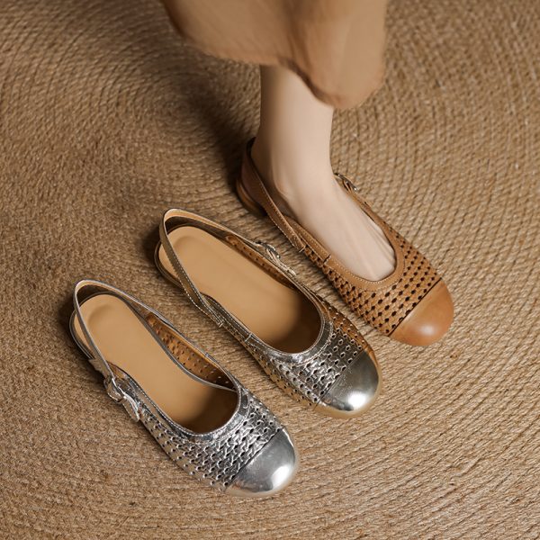 Genuine Leather Round Toe Woven Sandals for Women - Comfortable Low Heel Closed Toe Summer Footwear 2025, Versatile Style