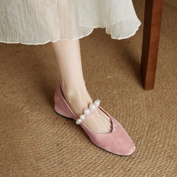 Genuine Leather Square Toe Mary Jane Shoes for Women - Elegant Mid Chunky Heel Pearl Flats, 2025 Style, Versatile Fashion Footwear
