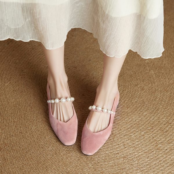 Genuine Leather Square Toe Mary Jane Shoes for Women - Elegant Mid Chunky Heel Pearl Flats, 2025 Style, Versatile Fashion Footwear