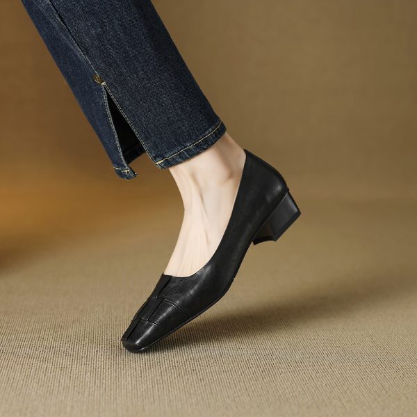 Genuine Leather Square Toe Woven Chunky Heel Shoes for Women - Versatile Commuting Style, Perfect for Work and Casual Wear