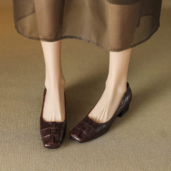 Genuine Leather Square Toe Woven Chunky Heel Shoes for Women - Versatile Commuting Style, Perfect for Work and Casual Wear