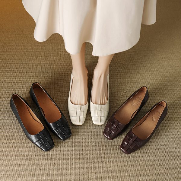 Genuine Leather Square Toe Woven Chunky Heel Shoes for Women - Versatile Commuting Style, Perfect for Work and Casual Wear