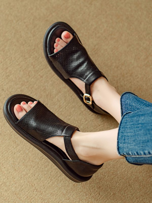 Genuine Leather T-Strap Open-Toe Flat Roman Sandals for Women - Summer 2025 Soft Bottom Hole Design, Trendy Casual Footwear