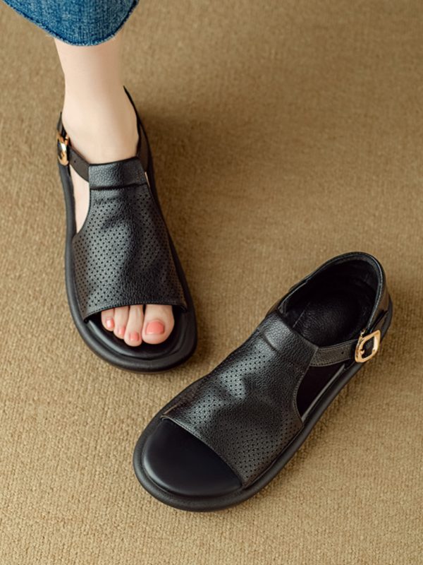 Genuine Leather T-Strap Open-Toe Flat Roman Sandals for Women - Summer 2025 Soft Bottom Hole Design, Trendy Casual Footwear