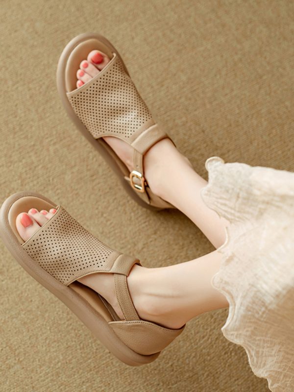 Genuine Leather T-Strap Open-Toe Flat Roman Sandals for Women - Summer 2025 Soft Bottom Hole Design, Trendy Casual Footwear