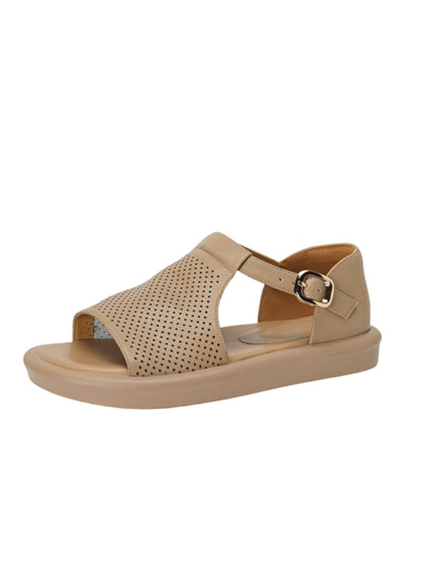 Genuine Leather T-Strap Open-Toe Flat Roman Sandals for Women - Summer 2025 Soft Bottom Hole Design, Trendy Casual Footwear