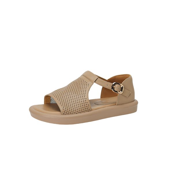 Genuine Leather T-Strap Open-Toe Flat Roman Sandals for Women - Summer 2025 Soft Bottom Hole Design, Trendy Casual Footwear