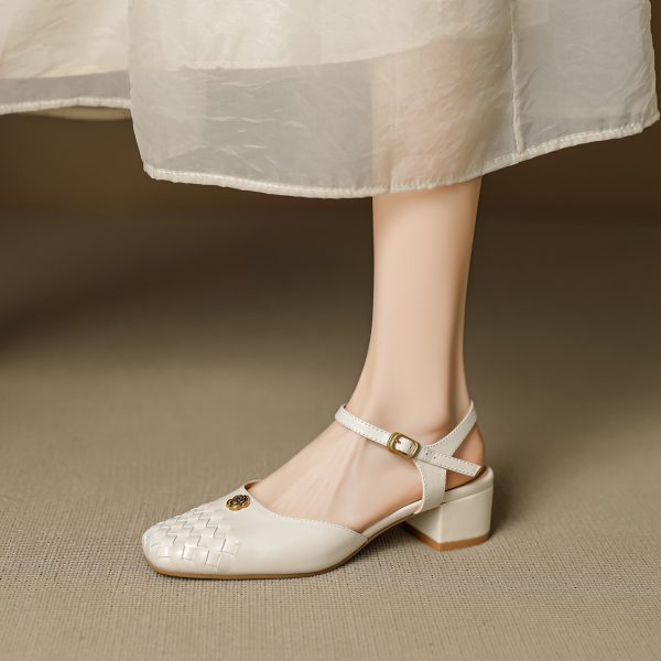 Genuine Leather Woven Camellia Sandals for Women - Vintage French Mid-Heel Closed-Toe Summer Shoes