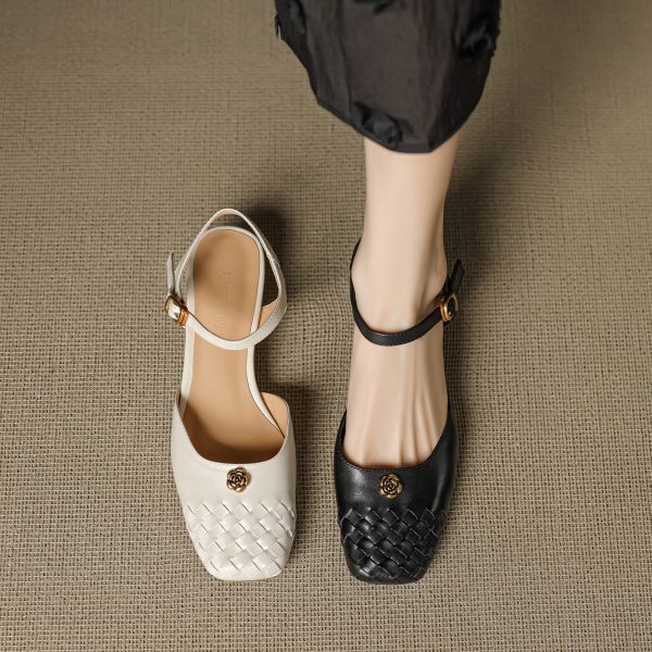 Genuine Leather Woven Camellia Sandals for Women - Vintage French Mid-Heel Closed-Toe Summer Shoes