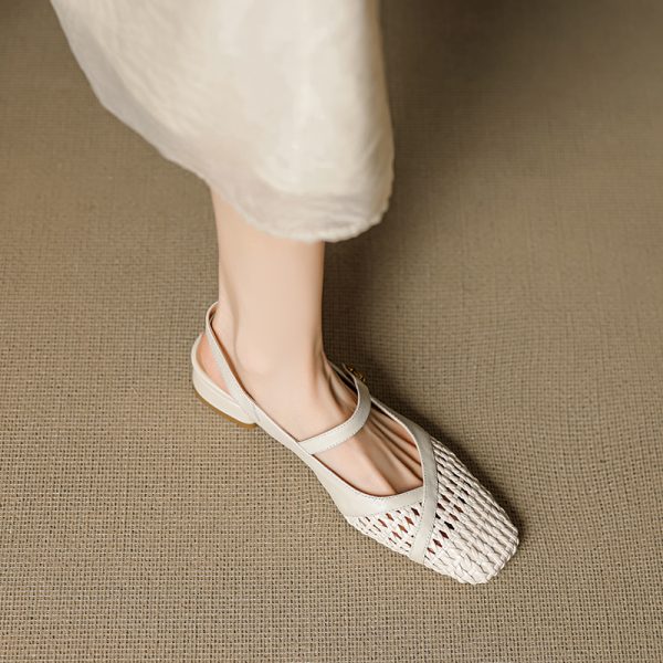 Genuine Leather Woven Camellia Sandals for Women - Vintage French Style Mid-Heel Closed Toe Summer Footwear