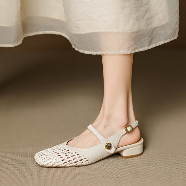 Genuine Leather Woven Camellia Sandals for Women - Vintage French Style Mid-Heel Closed Toe Summer Footwear