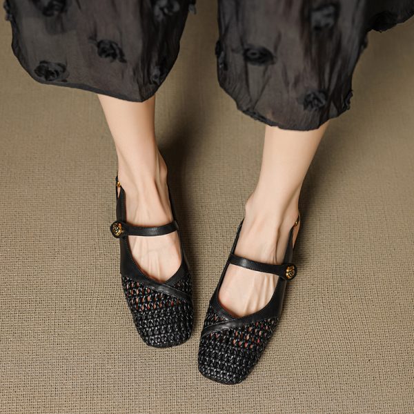Genuine Leather Woven Camellia Sandals for Women - Vintage French Style Mid-Heel Closed Toe Summer Footwear